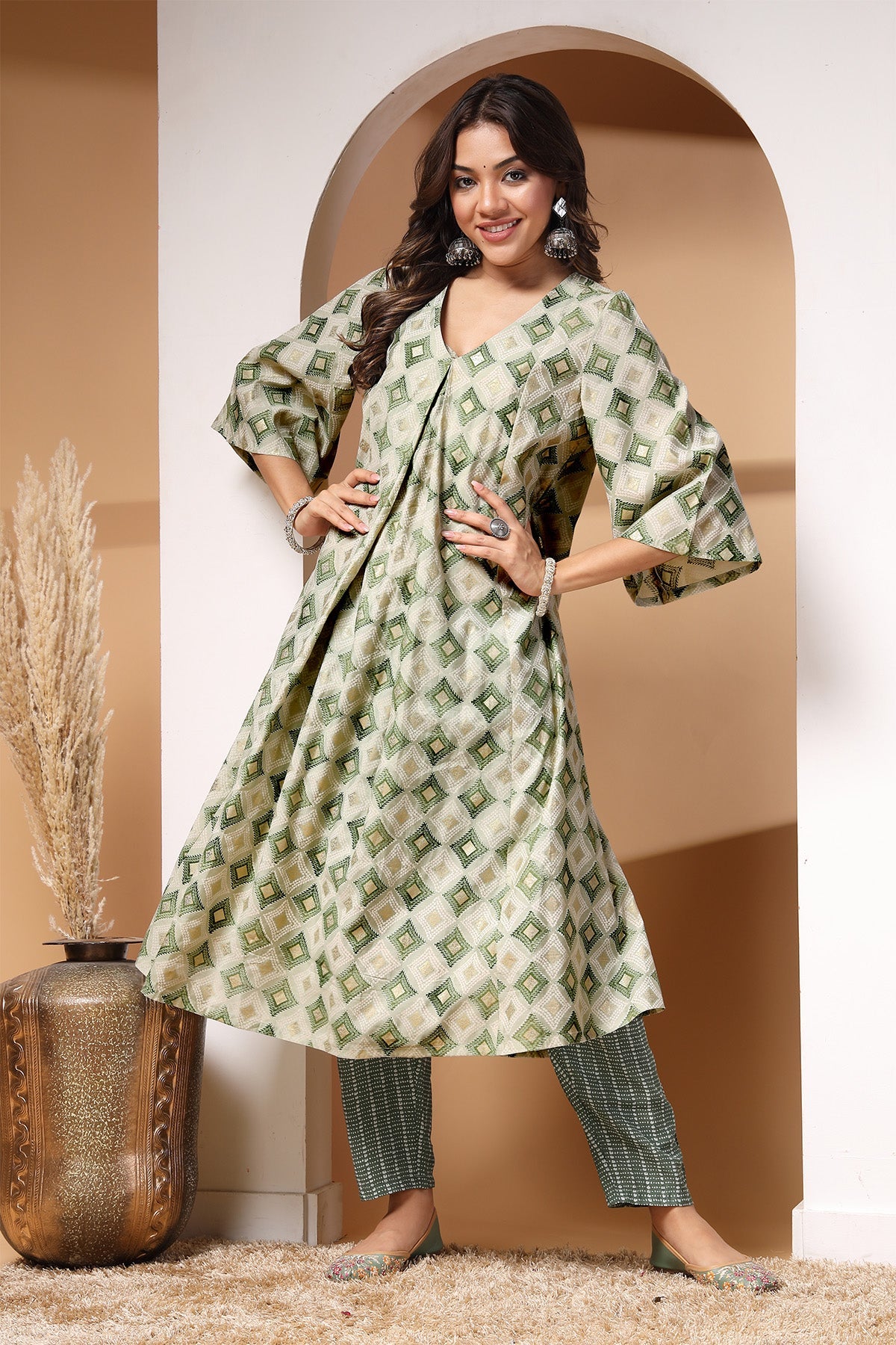 Light Green Gold Foil Print Zipless Feeding Kurta Pant Set