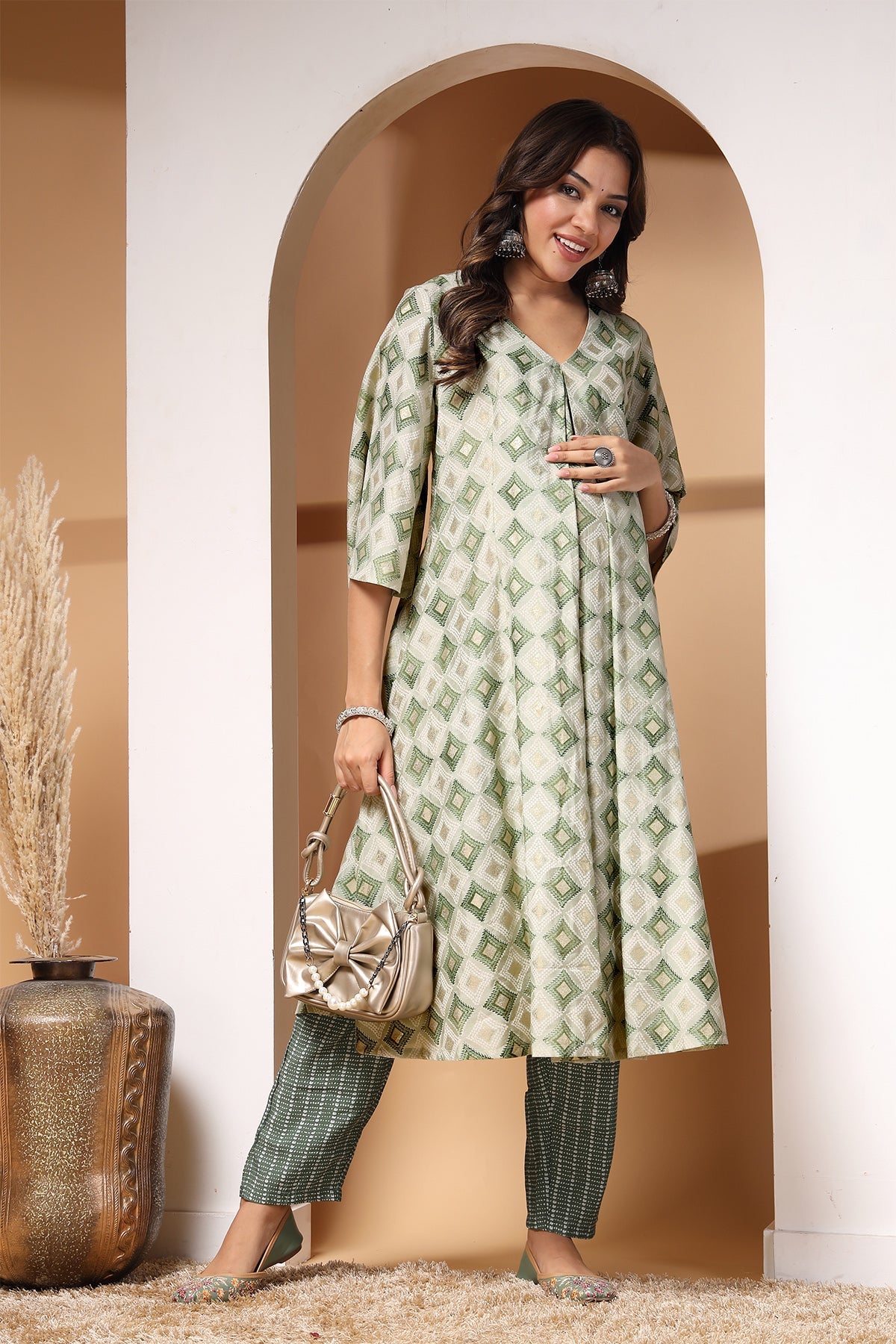 Light Green Gold Foil Print Zipless Feeding Kurta Pant Set