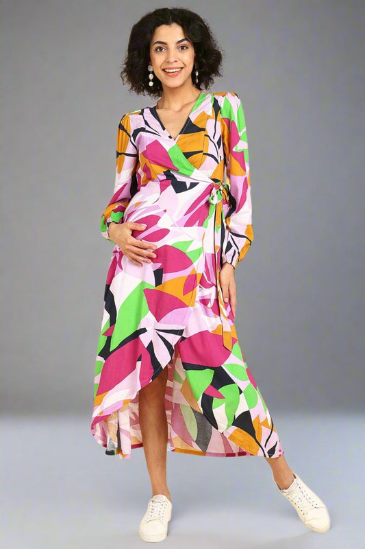 Abstract Tropical Petal-Shaped Rayon Maternity Dress