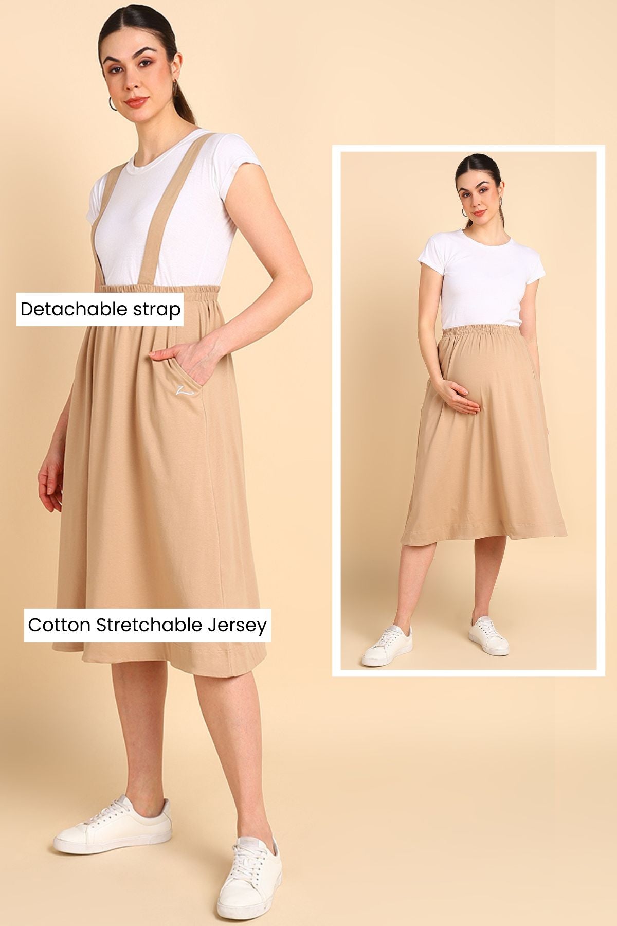 Beige 100% Cotton Jersey Pregnancy Skirt with Detachable Strap & Pockets