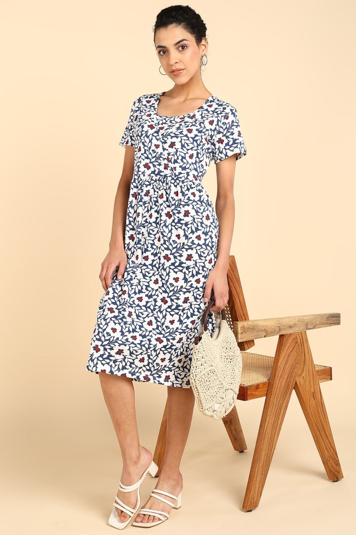 Off White Printed Maternity Zipless Feeding Dress