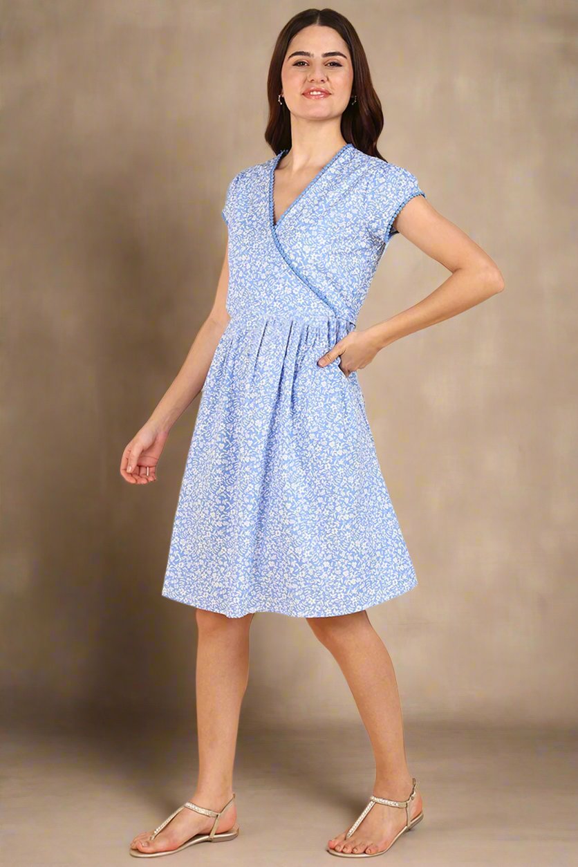 Sky Blue Printed 100% Soft Cotton Zipless Maternity Feeding Dress