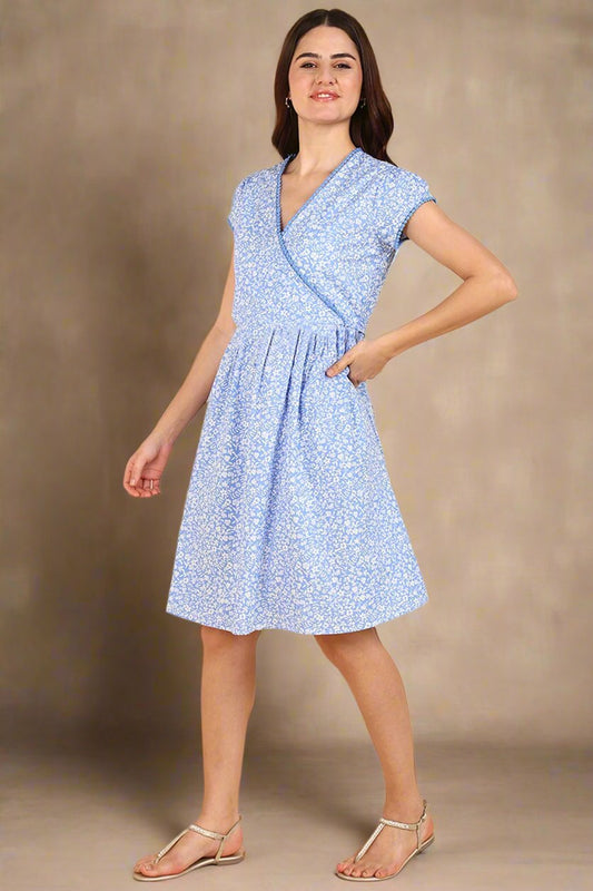 Sky Blue Printed 100% Soft Cotton Zipless Maternity Feeding Dress