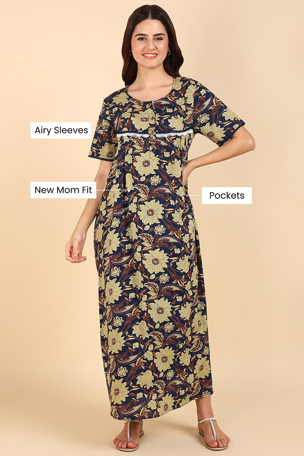 Yellow Floral Printed 100% Soft Cotton Zipless Maternity Maxi