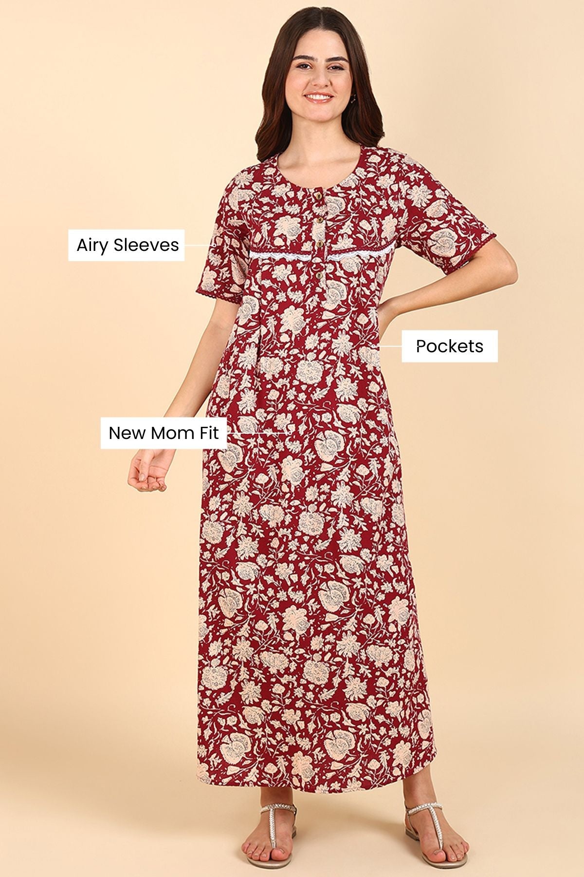 Maroon Floral Printed 100% Soft Cotton Zipless Maternity Maxi