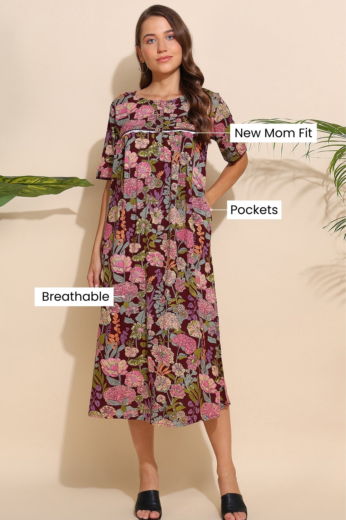 Maroon Floral Printed 100% Soft Cotton Zipless Maternity Maxi