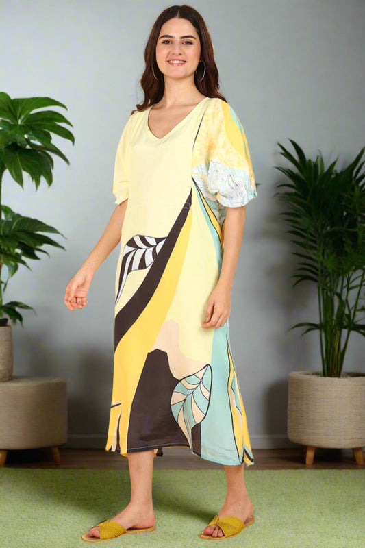 Yellow Printed Maternity Feeding Kaftan