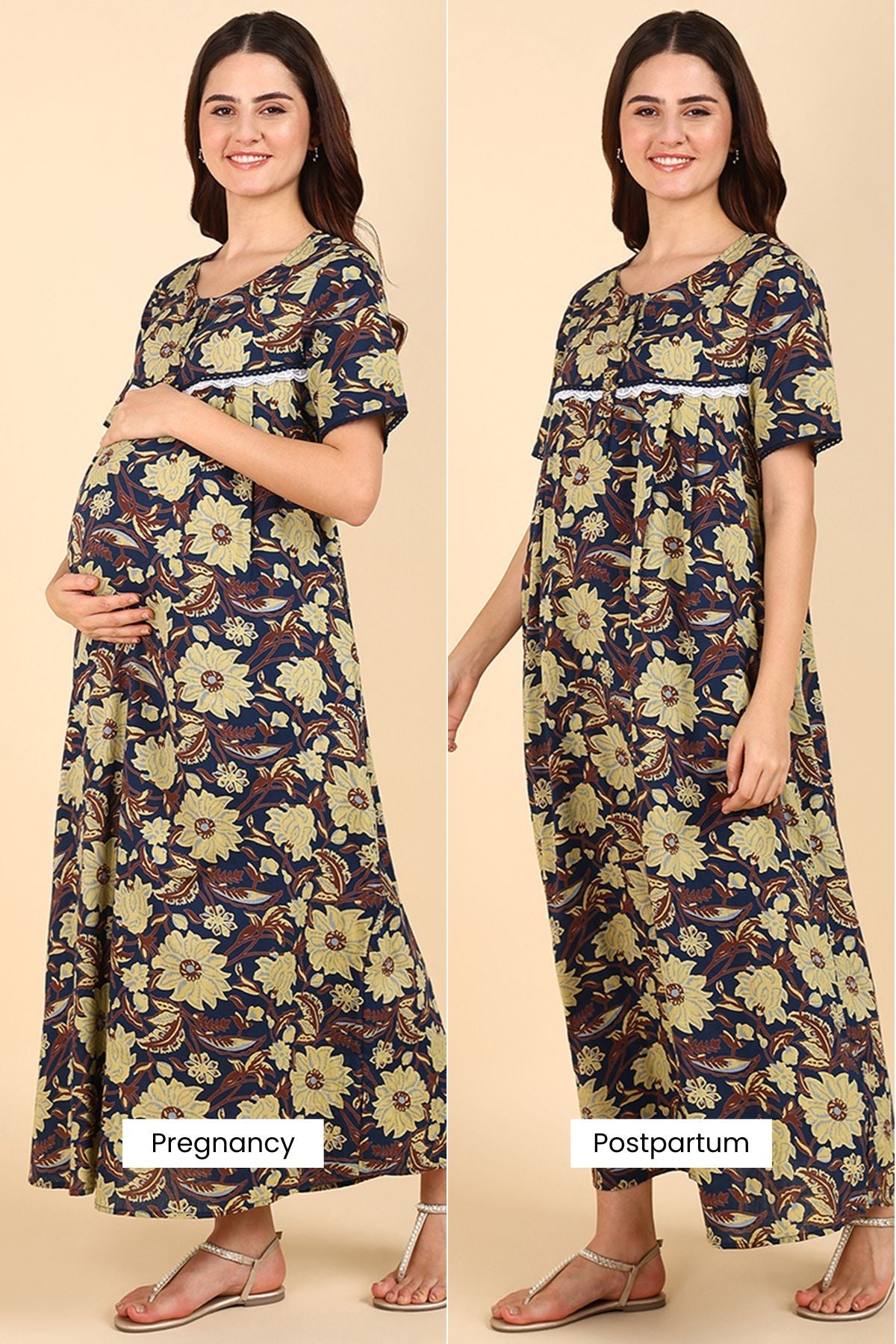 Yellow Floral Printed 100% Soft Cotton Zipless Maternity Maxi