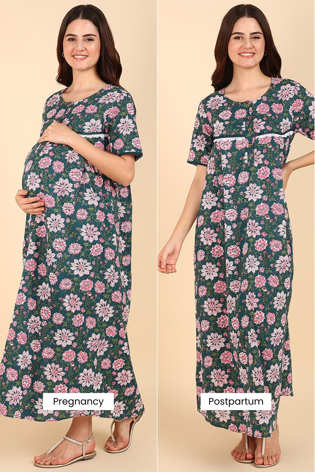 Green Floral Printed 100% Soft Cotton Zipless Maternity Maxi