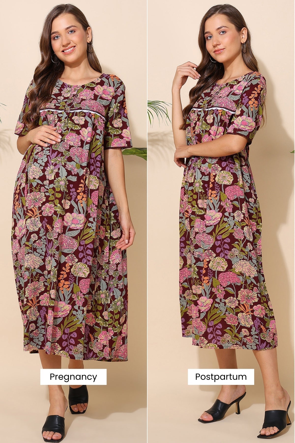 Maroon Floral Printed 100% Soft Cotton Zipless Maternity Maxi