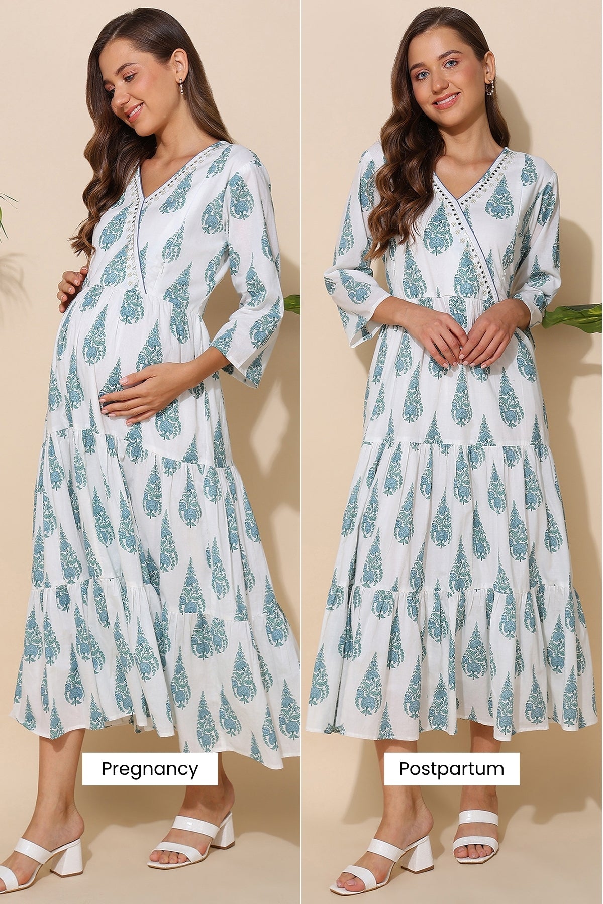 White Printed 100% Soft Cotton Maternity Feeding Dress