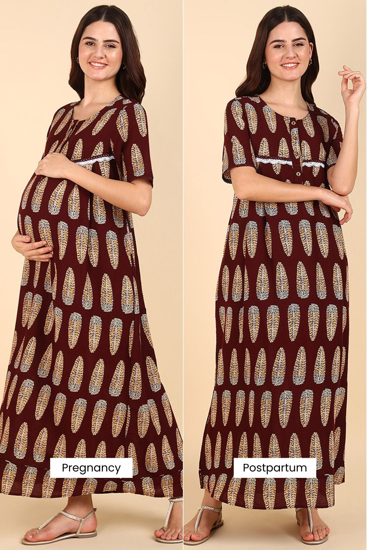 Maroon Printed 100% Soft Cotton Zipless Maternity Maxi