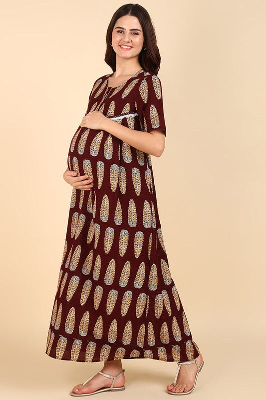 Maroon Printed 100% Soft Cotton Zipless Maternity Maxi