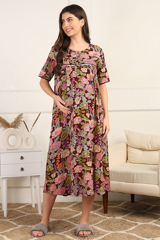 Maroon Floral Printed 100% Soft Cotton Zipless Maternity Maxi