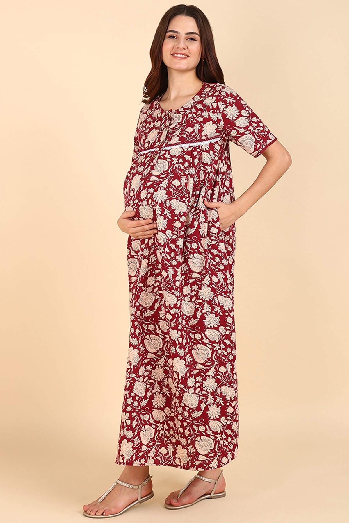 Maroon Floral Printed 100% Soft Cotton Zipless Maternity Maxi