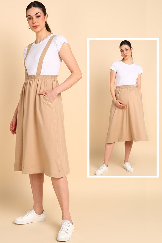 Beige 100% Cotton Jersey Pregnancy Skirt with Detachable Strap & Pockets